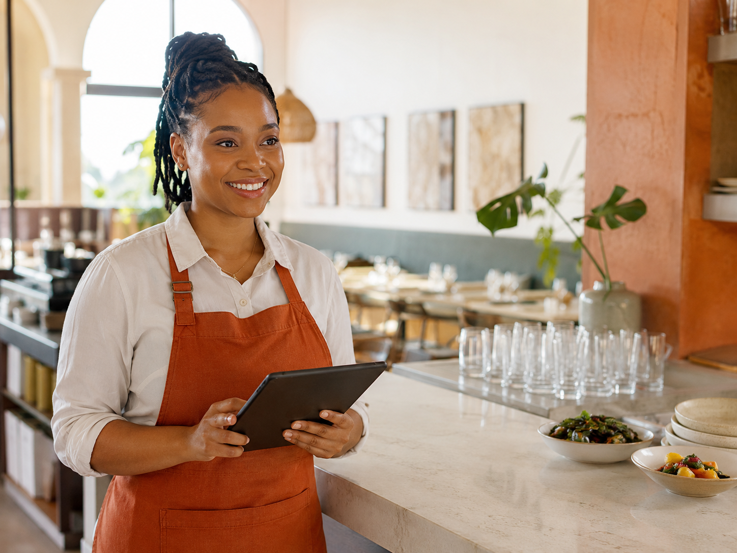 A server at the bar holding a tablet
