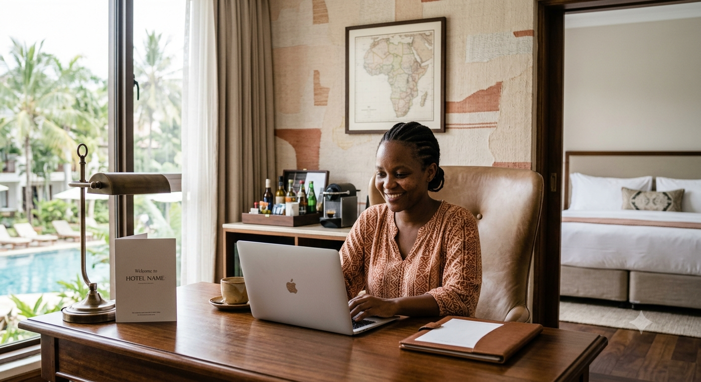 A guesthouse owner at her desk, working on a laptop